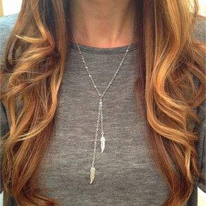 Boho Feather Necklace 2 Drop Charm Silver Necklace NWOT